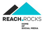 zwei Berge mit dem Text "Reach.Rocks" und dem Titel "Home of Social Media